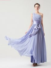 Vintage Lavender Chiffon Side Zipper One Shoulder Sleeveless Floor Length Ruching and Bowknot