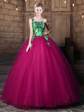  One Shoulder Sleeveless Lace Up Quinceanera Gowns Fuchsia Tulle