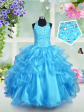 Best Halter Top Sleeveless Beading and Ruffled Layers Lace Up Kids Pageant Dress