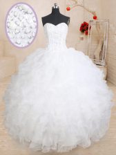 Delicate White Lace Up Sweetheart Beading and Ruffles Quinceanera Dress Organza Sleeveless