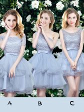  A-line Quinceanera Court of Honor Dress Grey Off The Shoulder Organza Sleeveless Mini Length Lace Up