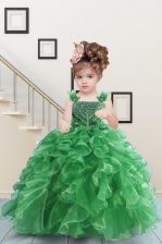  Green Lace Up Straps Beading and Ruffles Girls Pageant Dresses Organza Sleeveless
