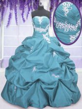 Wonderful Teal Ball Gowns Strapless Sleeveless Taffeta Floor Length Lace Up Appliques and Pick Ups 15 Quinceanera Dress