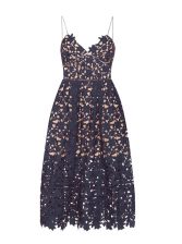 Vintage Lace Prom Evening Gown Navy Blue Zipper Sleeveless Tea Length