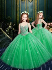 Best Tulle Lace Up Spaghetti Straps Sleeveless Floor Length Little Girls Pageant Gowns Beading and Sequins
