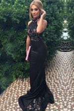  Mermaid Black Sleeveless Sweep Train Lace and Appliques With Train Evening Dress