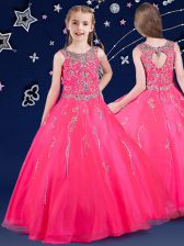  Scoop Sleeveless Little Girls Pageant Dress Floor Length Beading Hot Pink Organza