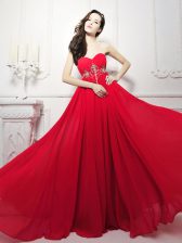 Romantic Sleeveless Chiffon Sweep Train Zipper Prom Dress in Red with Beading