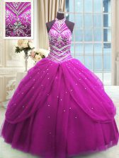 Spectacular Floor Length Lace Up Quinceanera Gown Fuchsia for Military Ball and Sweet 16 and Quinceanera with Beading
