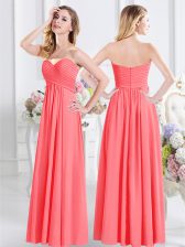  Sleeveless Chiffon Floor Length Zipper Quinceanera Court of Honor Dress in Watermelon Red with Ruching