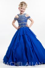 Custom Made Scoop Floor Length Zipper Little Girls Pageant Dress Wholesale Navy Blue for Party and Wedding Party with Beading and Ruffled Layers