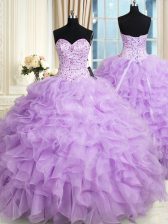 Latest Sleeveless Organza Floor Length Lace Up Quince Ball Gowns in Lilac with Beading and Ruffles