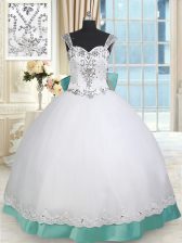  Straps White and Green Sleeveless Floor Length Beading and Lace and Bowknot Lace Up Quinceanera Dress