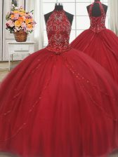 Sexy Halter Top Lace Up Quinceanera Gown Red for Military Ball and Sweet 16 and Quinceanera with Beading and Appliques Court Train