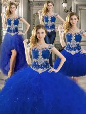 Sumptuous Three Piece Off the Shoulder Floor Length Royal Blue Vestidos de Quinceanera Tulle Sleeveless Beading and Ruffles