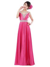  Hot Pink Sleeveless Beading Floor Length Dress for Prom