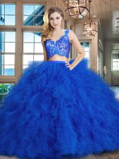 Pretty Royal Blue Tulle Zipper V-neck Sleeveless 15 Quinceanera Dress Brush Train Lace and Ruffles