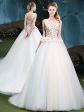 Lovely White Quince Ball Gowns Military Ball and Sweet 16 and Quinceanera with Appliques V-neck Sleeveless Brush Train Lace Up