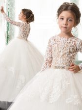 Fabulous Scoop Long Sleeves Tulle Flower Girl Dresses for Less Beading and Lace Brush Train Clasp Handle