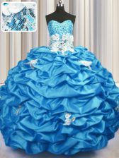  Aqua Blue Ball Gowns Taffeta Sweetheart Sleeveless Appliques and Sequins and Pick Ups With Train Lace Up Quinceanera Gown Brush Train