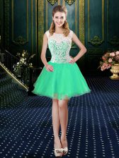  Scoop Turquoise A-line Lace Dress for Prom Zipper Organza Sleeveless Mini Length