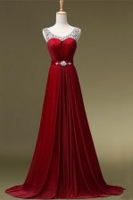 Wonderful Scoop Beading and Belt Prom Dresses Wine Red Zipper Sleeveless Brush Train