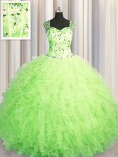 Top Selling See Through Zipper Up Sleeveless Tulle Floor Length Zipper Quinceanera Gown in Green with Beading and Ruffles