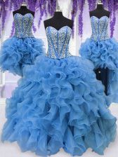Comfortable Four Piece Sleeveless Organza Floor Length Lace Up 15 Quinceanera Dress in Blue with Ruffles and Sequins