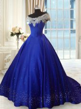 Trendy Off the Shoulder Cap Sleeves Beading and Lace Lace Up Sweet 16 Dresses with Royal Blue
