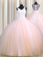 Glittering See Through Back Zipple Up Zipper Sweet 16 Dresses Baby Pink and Peach for Military Ball and Sweet 16 and Quinceanera with Beading and Appliques Brush Train