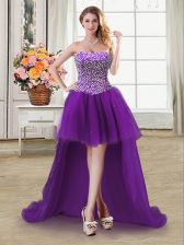 Best Purple Sleeveless High Low Beading Lace Up 