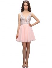 Enchanting Knee Length Zipper Prom Gown Baby Pink for Prom and Party with Beading