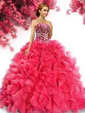  Red Ball Gowns Organza Sweetheart Sleeveless Beading and Ruffles Floor Length Lace Up Quinceanera Dresses