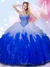  Sweetheart Sleeveless Quince Ball Gowns Floor Length Beading and Ruffles Blue And White Tulle