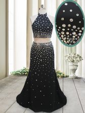 Simple Halter Top Backless Chiffon Sleeveless Floor Length Dress for Prom and Beading