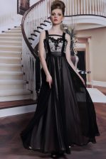 Noble Straps Sleeveless Dress for Prom Floor Length Embroidery Black Chiffon