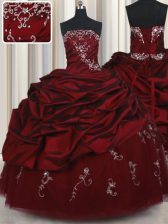 Stunning Wine Red Strapless Lace Up Beading and Pick Ups Quinceanera Dresses Sleeveless