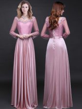 Smart Pink Long Sleeves Floor Length Appliques and Belt Lace Up Prom Evening Gown