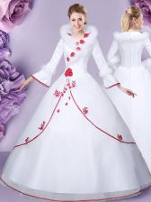 Superior White Zipper High-neck Embroidery and Hand Made Flower 15th Birthday Dress Tulle and Lace Long Sleeves