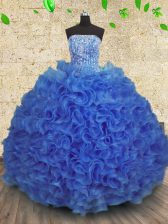  Organza Strapless Sleeveless Lace Up Beading and Ruffles Vestidos de Quinceanera in Royal Blue