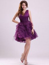 Superior Purple Ball Gowns Organza V-neck Sleeveless Ruffles Floor Length Zipper Prom Dress