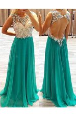  Scoop Green A-line Beading Prom Gown Backless Chiffon Sleeveless Floor Length