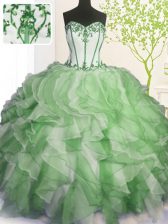 Custom Made Floor Length Lace Up 15th Birthday Dress Green for Military Ball and Sweet 16 and Quinceanera with Beading and Ruffles