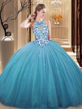 Latest Blue Sleeveless Floor Length Lace and Appliques Lace Up Sweet 16 Dress