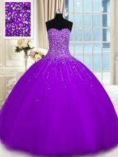  Floor Length Lace Up Sweet 16 Dress Purple for Military Ball and Sweet 16 and Quinceanera with Beading