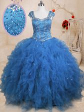 Pretty Teal Ball Gowns Tulle Straps Cap Sleeves Beading and Ruffles and Sequins Floor Length Lace Up Sweet 16 Dress