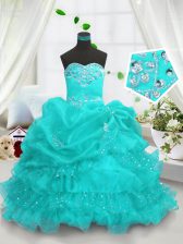 Elegant Aqua Blue Lace Up Little Girls Pageant Dress Wholesale Beading and Ruffled Layers and Pick Ups Sleeveless Floor Length