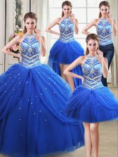  Four Piece Halter Top Pick Ups Floor Length Ball Gowns Sleeveless Royal Blue 15 Quinceanera Dress Lace Up