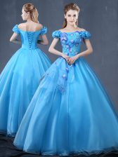 Stunning Off the Shoulder Baby Blue Lace Up Sweet 16 Dress Appliques Short Sleeves Floor Length