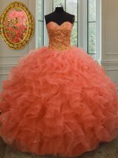 Deluxe Orange Red Ball Gowns Sweetheart Sleeveless Organza Floor Length Lace Up Beading and Ruffles Quinceanera Gowns